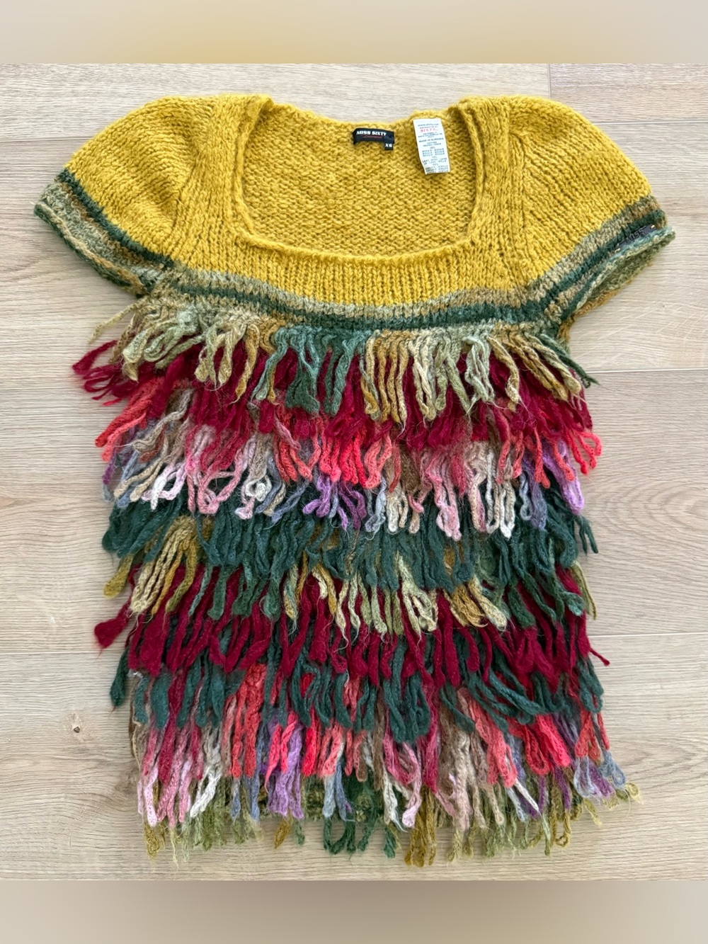 Rare Miss Sixty Diamond Mohair Fringe Sweater Top XS Multicolor Boho Fits S